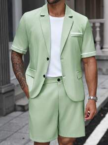 Manfinity Mode Men's Plus Size Solid Color Front Button Short-Sleeved Jacket And Shorts Summer Suit Men's Summer Suit Men's Two Pieces Set