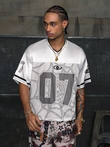 AXEPEAK 街头风格 V 领短袖数码印花宽松男式 T 恤 - 白色 - 查看 1