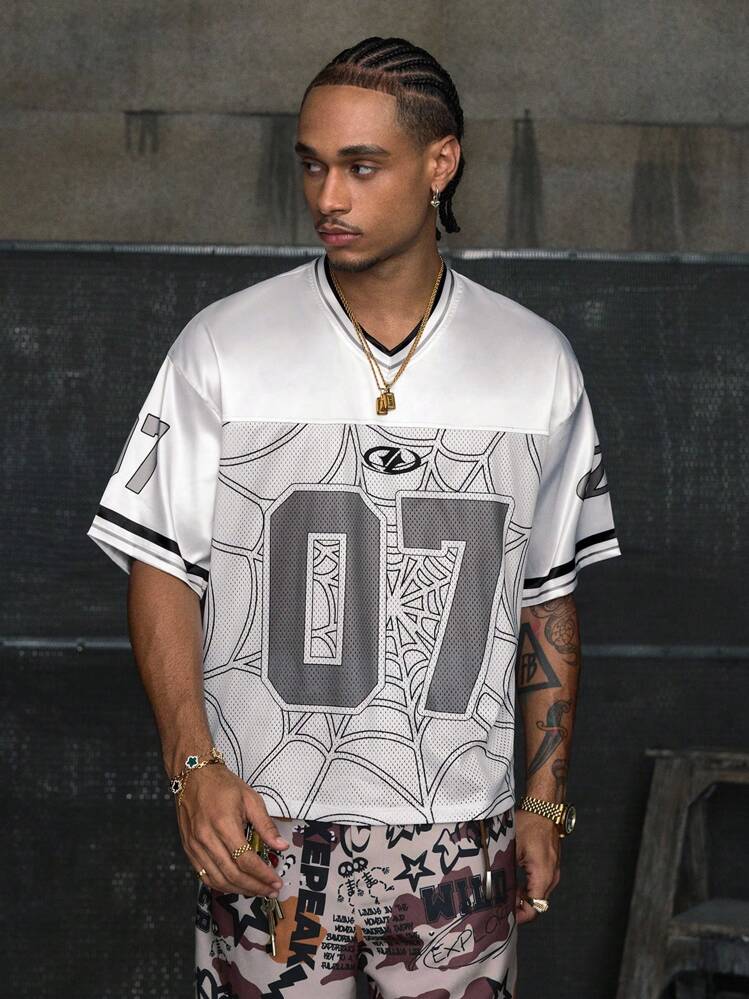 AXEPEAK 街头风格 V 领短袖数码印花宽松男式 T 恤 - 白色 - 查看 1