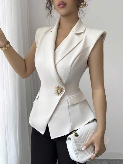 Elenzga 女士优雅简约金属扣无袖背心夹克，修身剪裁