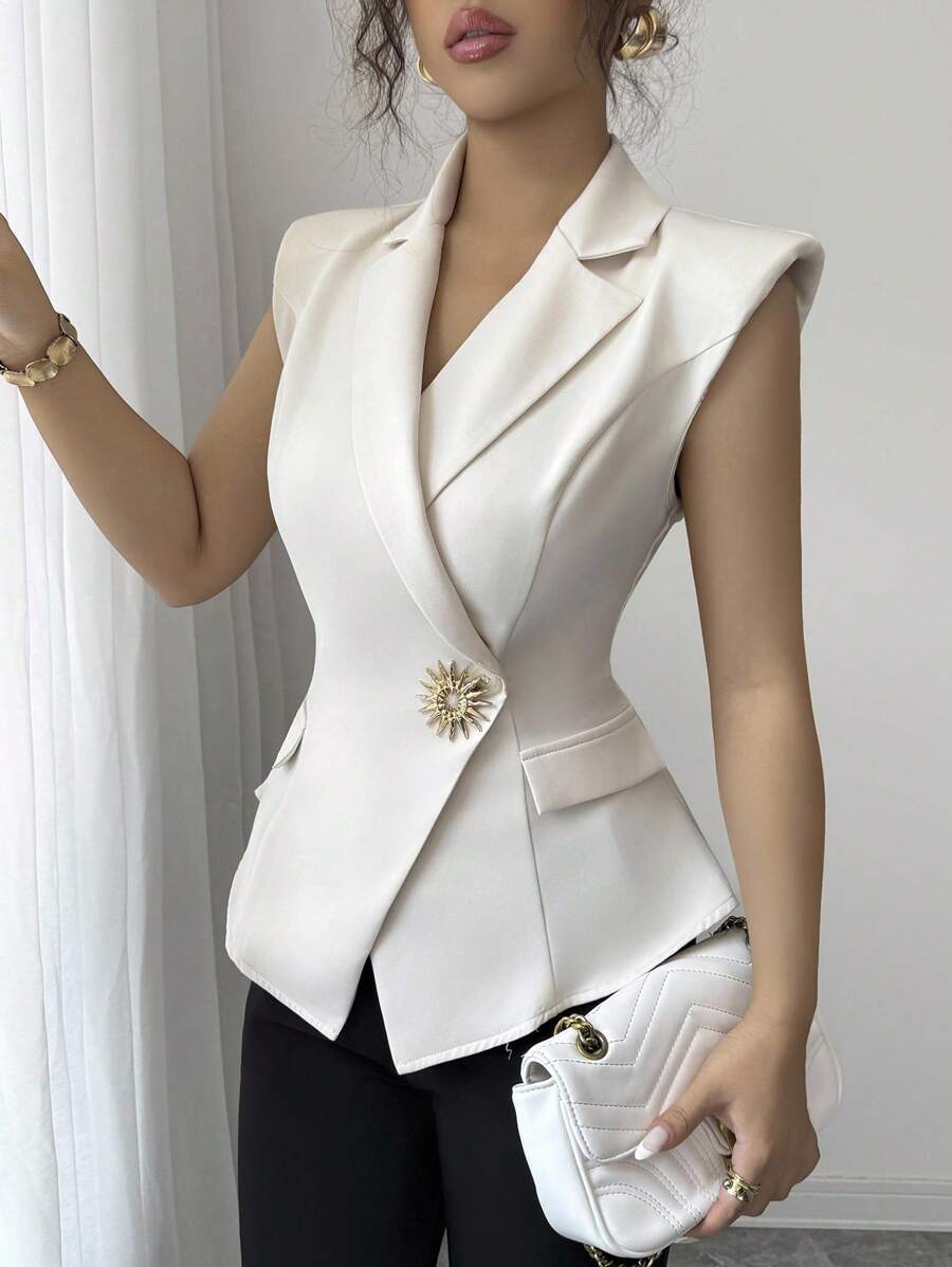 Elenzga 女士优雅简约金属扣无袖背心夹克，修身剪裁 - 杏色 - 查看 1