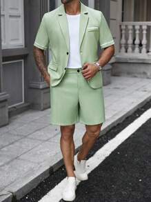 Manfinity Mode Men's Plus Size Solid Color Front Button Short-Sleeved Jacket And Shorts Summer Suit Men's Summer Suit Men's Two Pieces Set