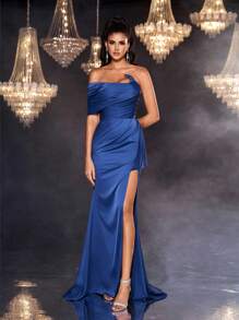 Glamrae Women's Elegant Blue Luxurious Satin Formal Dinner Dress,Special-Shaped One-Shoulder Pleated Fishtail Skirt With Slit For Holiday Parties&Dates - Blue - View 4