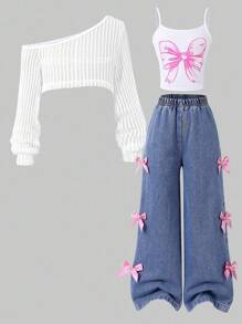 SHEIN ChillGRL 3 件套女童蝴蝶结吊带上衣，采用镂空肩部设计，搭配蝴蝶结阔腿裤，适合初秋外出旅行 - 白色 - 查看 6