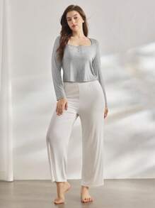 Ocili Luźna, prążkowana, dzianinowa piżama w dużym rozmiarze z guzikami, łatwa w utrzymaniu, wygodna, jesienna