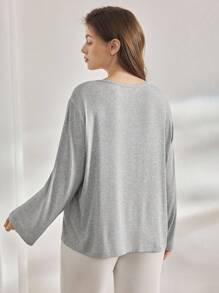 Ocili Leisure Plus Size Women's Comfortable Rib Shell Button Nightwear Top Casual, Fall