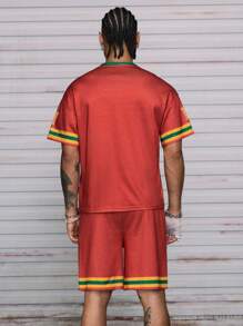 AXEPEAK Men's Summer Casual Contrast Stripe & Letter Print T-Shirt And Shorts Set - Red - View 3