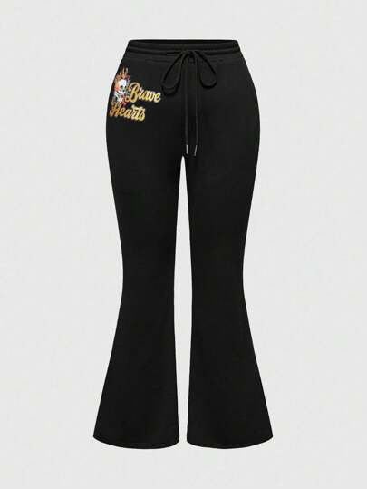 ROMWE Avant Plus Size Women Casual Vintage Skull & Flame Tattoo Print Elastic Waist Flare Leg Sweatpants