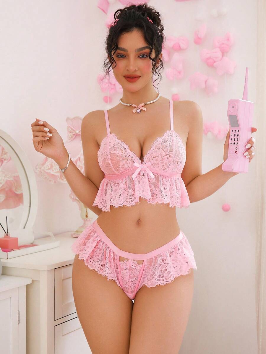 SHEIN Bộ 2 chiếc áo ngực không dây và quần lót ren gợi cảm cho nữ khi đi chơi - Hồng - Xem 1