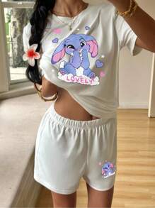 SHEIN EZwear 2 件女士休闲卡通印花短袖 T 恤和短裤套装，适合夏季 - 彩色 - 查看 5