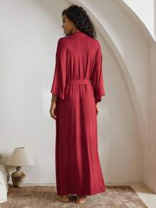 Ocili 休闲柔软顺滑纯色浴袍，优雅长袖家居服，假日季舒适之选，秋冬季佳品 - 紅色 - 查看 2