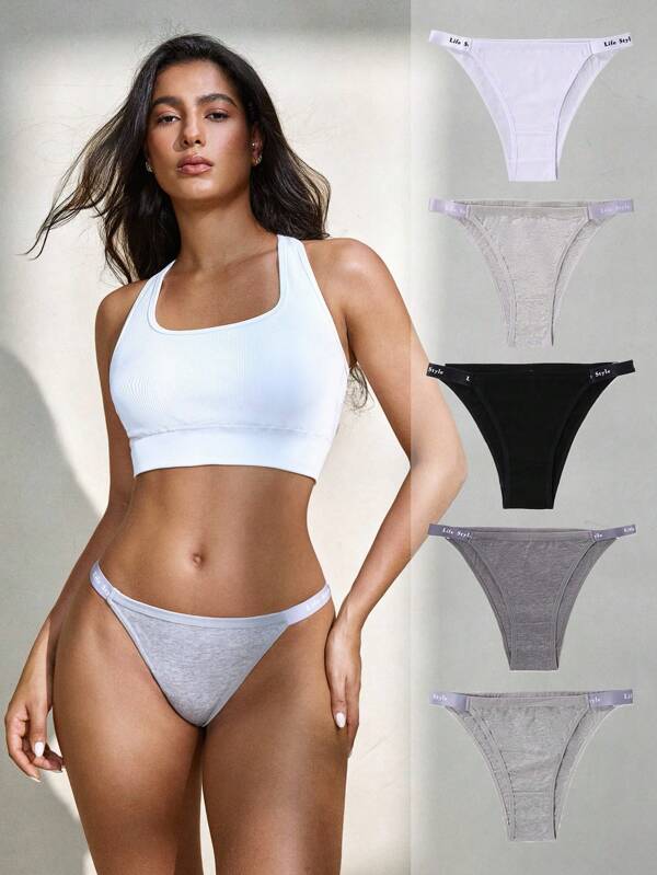 EasyFave 5pcs/Pack Floral & Solid Color Brazilian Panties With Letter Waistband For Women