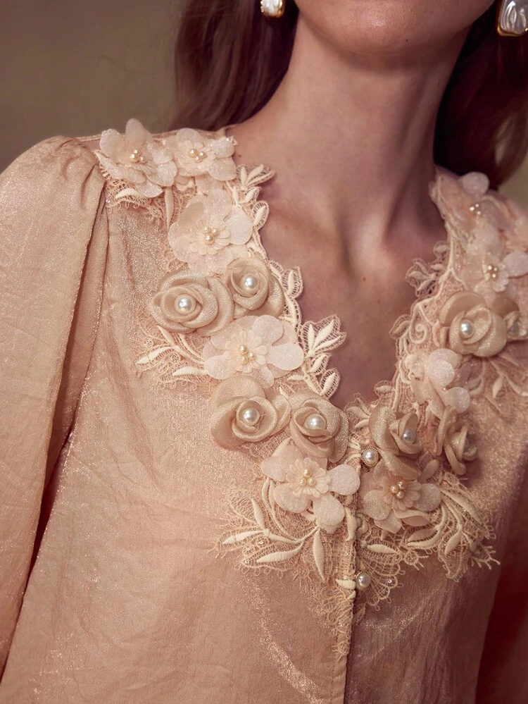 WOMEN'S LACE TRIM FLARE LONG SLEEVE STEREO FLOWER DETAIL BLOUSE, FASHIONABLE & ELEGANT