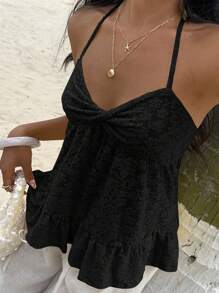 Sunnyshic 夏季性感纯色镂空露背吊带上衣 - 黑色 - 查看 4
