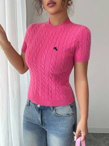 Elenzga Rose Red Crew Neck Cable Knit Short Sleeve Sweater For Women Knit Pullover Fall Winter - Hot Pink - View 5