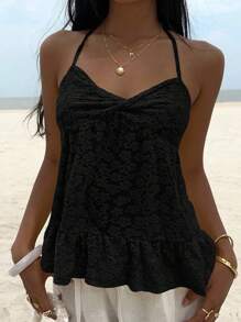 Sunnyshic 夏季性感纯色镂空露背吊带上衣 - 黑色 - 查看 6
