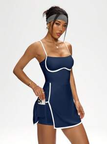 Dewbera Navy Blue Sleeveless Mini Tennis Dress With Spaghetti Straps And Built-In Shorts Athletic Dress With Built-In Bra - Navy Blue - View 6