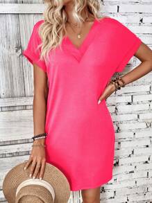 SHEIN LUNE 女式休闲纯色蝙蝠袖连衣裙 - 珊瑚粉 - 查看 3