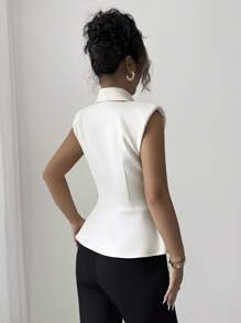 Elenzga 女士优雅简约金属扣无袖背心夹克，修身剪裁 - 杏色 - 查看 2