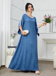 Al Najma Váy xòe thêu phong cách Ả Rập thanh lịch cho nữ - Xanh đậm - Xem 5