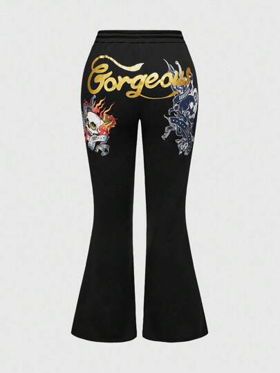ROMWE Avant Plus Size Women Casual Vintage Skull & Flame Tattoo Print Elastic Waist Flare Leg Sweatpants
