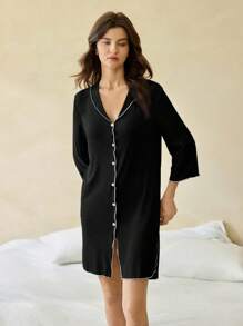 Ocili Leisure Comfortable Blend Rib Knit Contrast Color Ruffled V-Neck Soft Nightgown For Women Holiday Season, Fall, Winter - Black - View 6