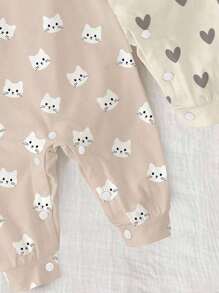 SHEIN 新生儿卡通猫咪爱心印花短袖连体衣，适合夏季穿着 - 彩色 - 查看 4