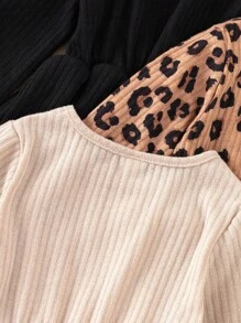 Genkimix Kids 3pcs/Set Young Girl' Cute Cat Embroidery & Leopard Print Round Neck Long Sleeve T-Shirts Fall Winter - Multicolor - View 5