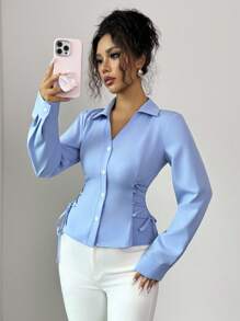 Elenzga Áo sơ mi nữ màu xanh trơn thanh lịch với thiết kế cà vạt chéo hai bên - Màu xanh lam - Xem 1