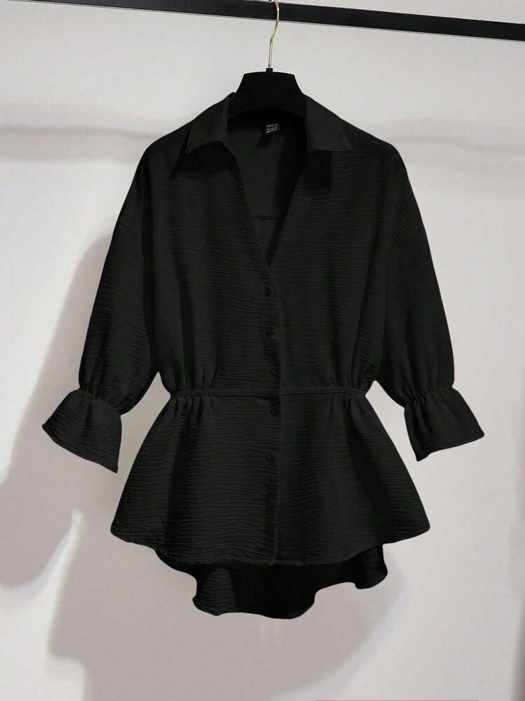 Franclia 女性用エレガントカジュアル ウエストタイ カフスリーブ オープンフロントシャツ 大学向け - ブラック - 見る 3