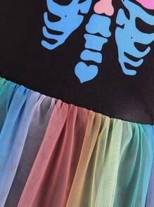 Glamorique Kids Robe d'Halloween à manches longues pour filles avec patchwork de squelette et maille colorée