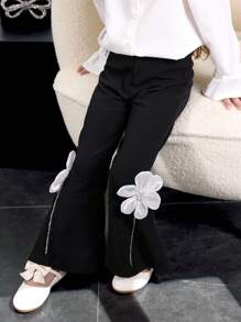 Young Girl Floral 3D Decor Flare Leg Pants - Black - View 2