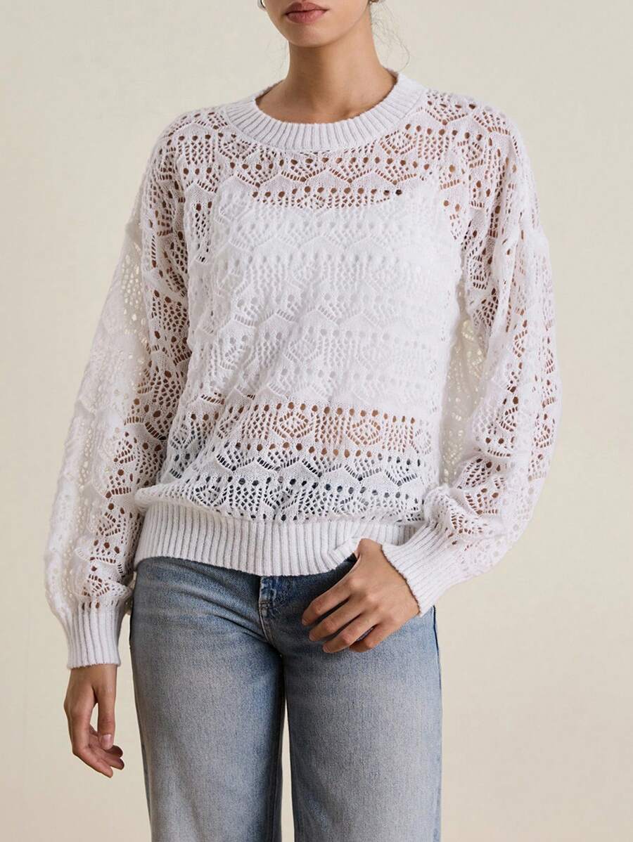 INAWLY Women's Casual Crew Neck Long Sleeve Hollow Out Knit Cover Up Knit Pullover Fall Winter Sweater - White - View 1