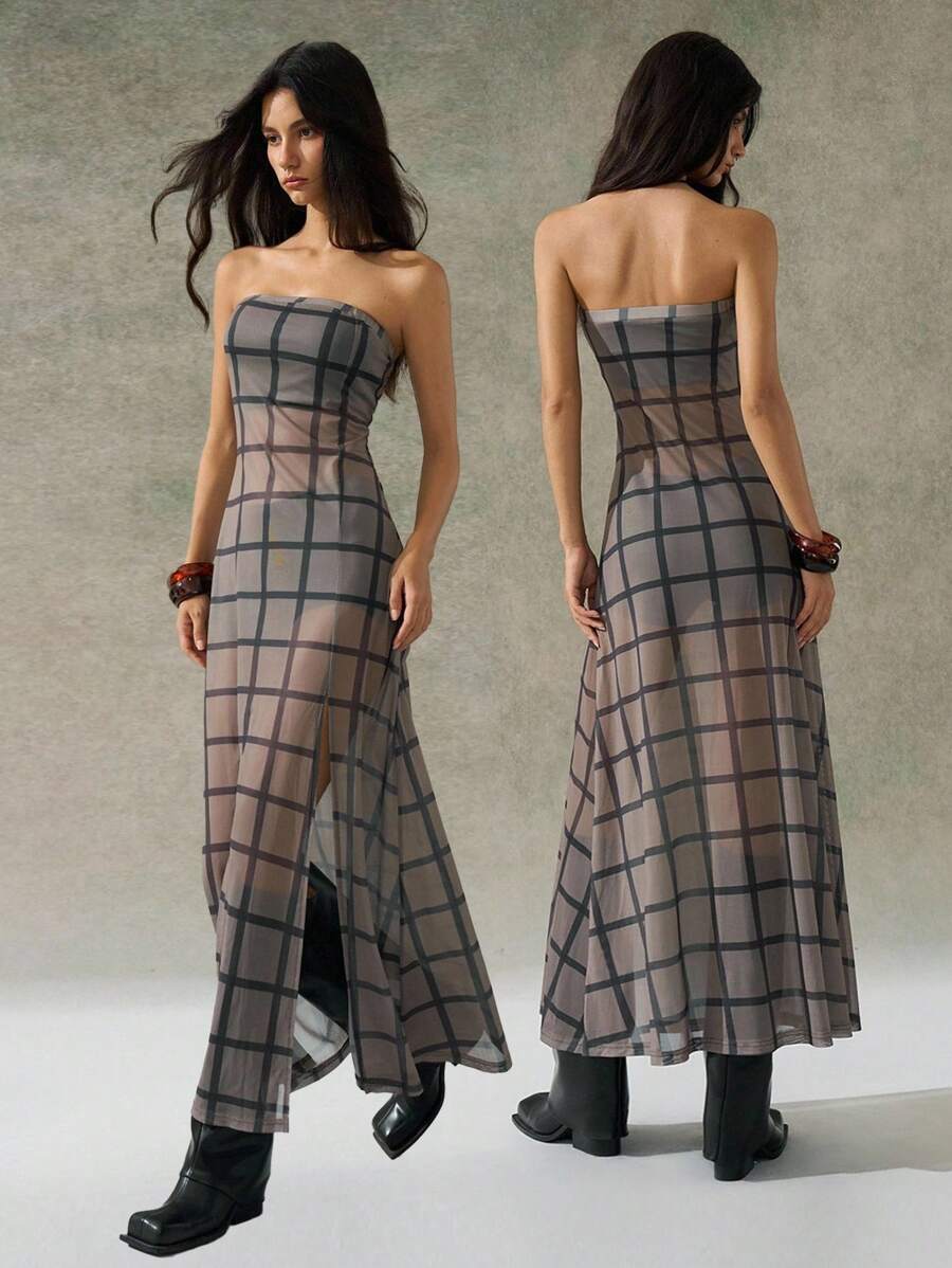 LYSMO 2025 Nouvelle arrivée Minimalisme Automne Femmes Créateur Robe longue fendue à carreaux sans bretelles Retour à l'école, Bal de promo, Style années 2000, Vêtements Femmes Y2K, Vêtements de rue femme et vêtements uniques - Multicolore - Voir 1