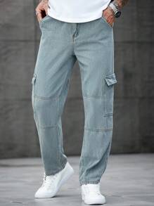 Manfinity Homme 宽松版型男式棉质工装牛仔裤，带翻盖口袋 - 藍色 - 查看 1