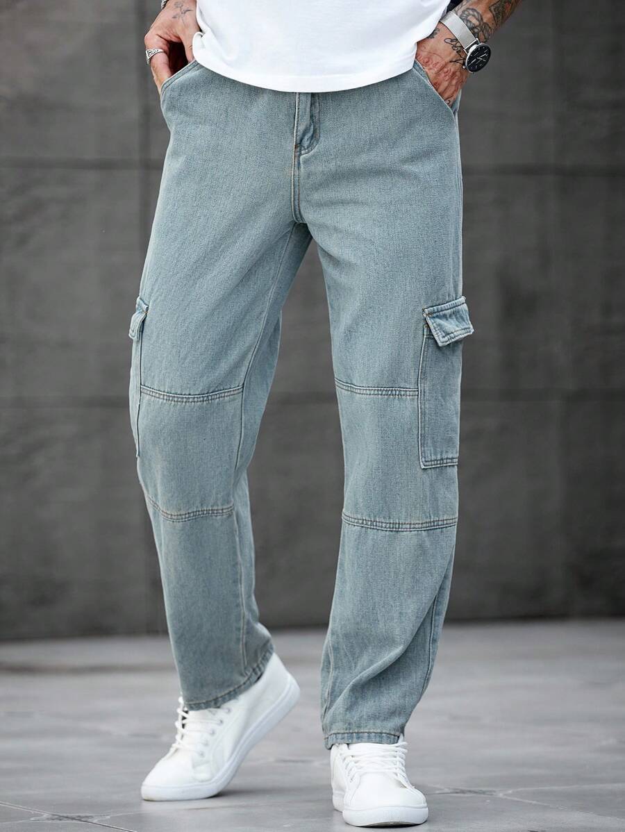 Manfinity Homme 宽松版型男式棉质工装牛仔裤，带翻盖口袋 - 藍色 - 查看 1