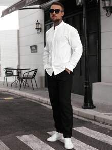 Manfinity CasualCool 男士休闲日常通勤简约纯色长袖立领单排扣衬衫，春秋季 - 白色 - 查看 3