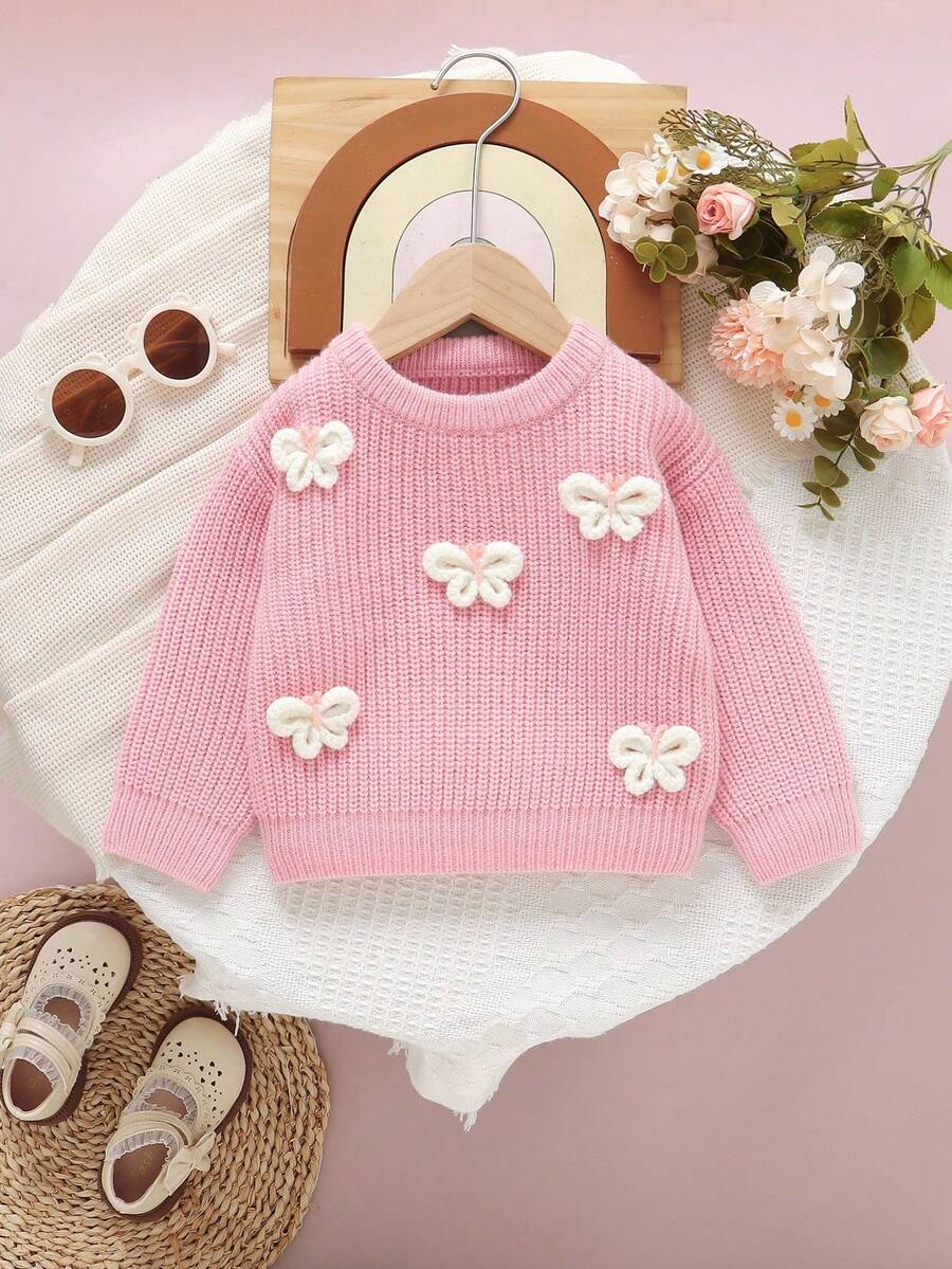 SHEIN Rosa Kleinkind Pullover mit 3D-Schmetterling Dekor, süßer Rundhalspullover, langärmliges Baby Strick Top, Baby-Mädchen-Strickwaren, Baby-Mädchen Pullover, Baby-Mädchen Pullover, rosa Babypullover, Schmetterlingspullover
