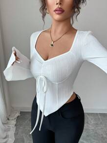 Elenzga Women's Textured Ribbed Drawstring Flare Sleeve Asymmetric Hem T-Shirt Fall Cloth For Women