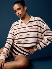 Missguided x Playboy Áo crop top polo tay dài kẻ sọc phong cách retro, cổ bẻ, mặc nhà thường ngày, thời trang đường phố, thích hợp mặc khi chơi bóng bầu dục - Nhiều màu - Xem 1
