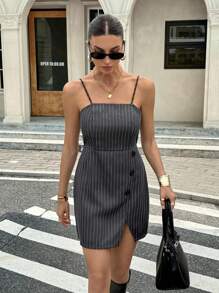 Siren Gaze 女式夏季条纹侧扣吊带连衣裙 - 卡其色 - 查看 4