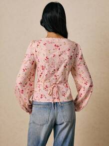 Poéselle 女士衬衫 纽扣门襟衬衫 碎花衬衫 长袖衬衫 女士优雅碎花长袖衬衫 秋季上衣 女士秋季服装 女士冬季服装 秋季外出上衣 纽扣衬衫 - 粉色 - 查看 5