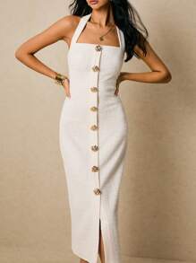 Poéselle Ivory Tweed Halter Midi Dress With Gold Rose Buttons | Elegant Column,Tweed Midi Dress, Halter Neck Dress, Bodycon Dress, Gold Button Dress, Quiet Luxury Style,Women's Elegant Front Button Backless Bodycon Dress, Summer,Suitable For Daily Wear, Going Out, Commuting, Dating, Weddings, Parties, Vacations And Other Occasions,Fall Women Clothes White Dresses Classy Elegant - White - View 5