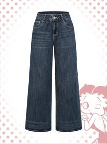 Betty Boop | ROMWE Quần jean ống rộng thêu họa tiết Betty Angel phong cách đường phố cổ điển Y2K cỡ lớn - Màu xanh lam - Xem 2