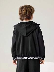 JNSQ Back To School Clothes, Tween Girl And Boy Outdoor Casual Hooded Sweatshirt Jacket, 3M Reflective Letter Print Elastic Hem Hooded Sweatshirt Outerwear, Suitable For Autumn, Winter Daily Wear, Outdoor Activities, Vacation, Streetwear, Party And Leisure - Black - View 2