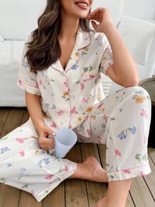 SHEIN Floral Print Lapel Cardigan & Bubble Chiffon Plus Size Pajama Set,Summer Pj Sets For Women - Multicolor - View 4
