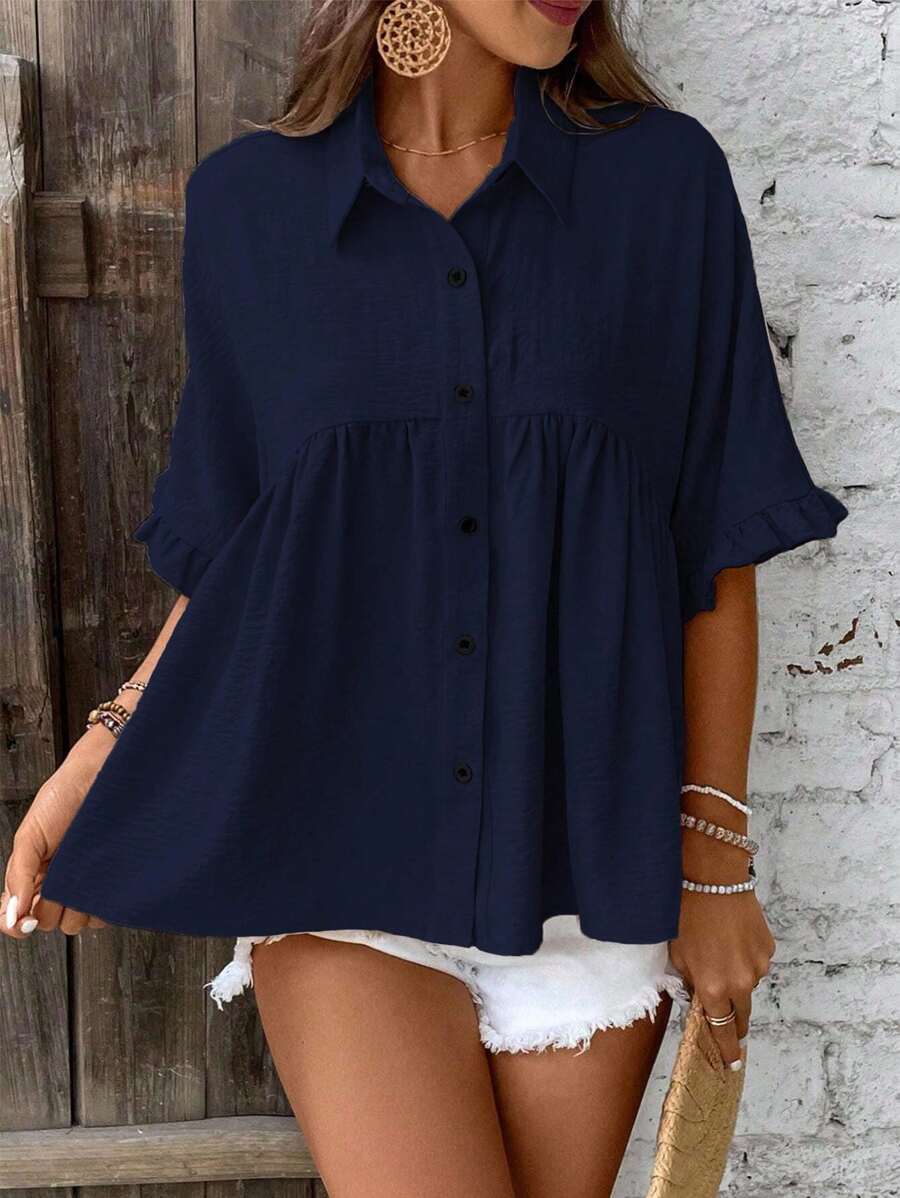 Breezaya 女士休闲宽松纯色百搭衬衫，舒适简约，适合夏季 - 藏蓝色 - 查看 1