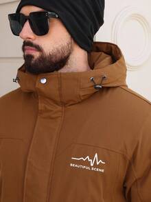 DAZY 男士厚棉衣，字母图案印花，连帽设计，大口袋，冬季夹克 - 棕色 - 查看 7