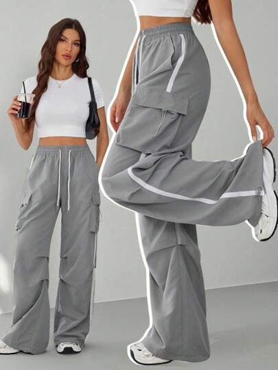 SHEIN Tall 女式夏季街头运动基本款翻盖口袋侧抽绳腰部降落伞灰色工装裤