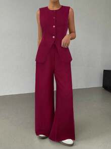 SHEIN EZwear 女士休闲勃艮第亚麻西装背心和阔腿裤套装 - 酒紅色 - 查看 3